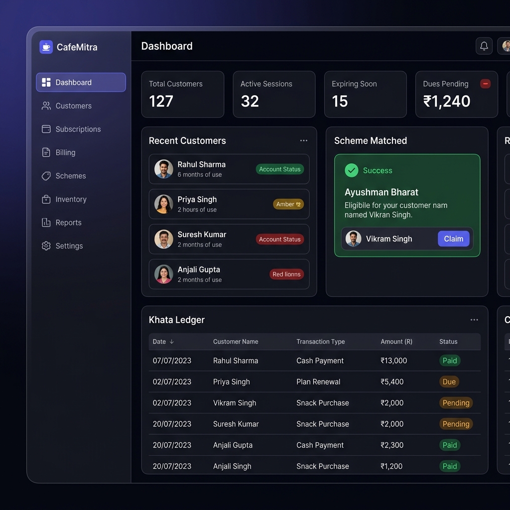CafeMitra CSC center dashboard showing customer scheme matching and khata ledger